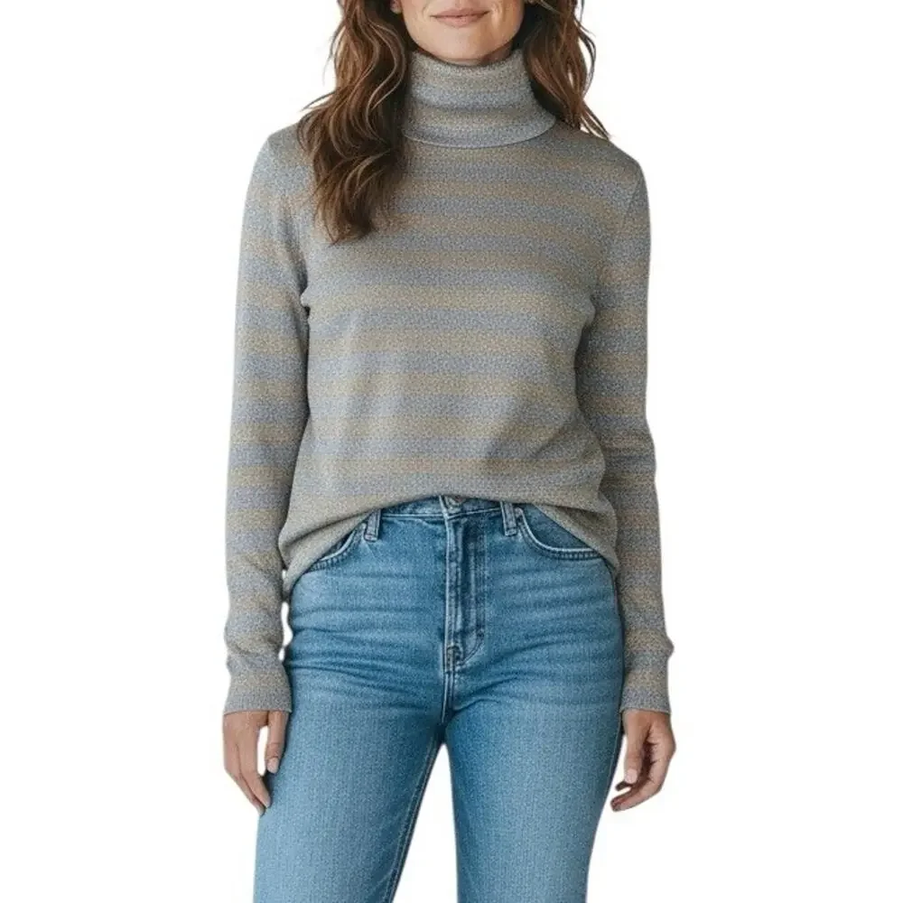 J. Crew Turtleneck Sweater Cotton Metallic Gold Silver Striped Size Large NEW - Picture 2 of 9